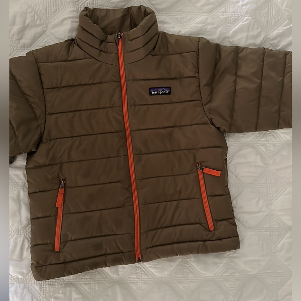 PATAGONIA BOY CHILD XS 5-6 LIGHTWEIGHT DOWN PUFFER SWEATER JACKET TAN W/ ORANGE